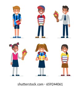 
School kids. Boys and girls with backpacks, books and flowers. Flat style vector illustration isolated on white background.