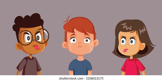 

School Kids Bullying a Classmate Making him Cry Vector Illustration. Schoolmates taunting and mocking unhappy little boy 
