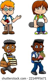 Personajes De Caricatura De Niños Escolares. Conjunto De Colección De Dibujo De Mano De Vector Aislado En Fondo Transparente