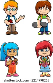 Personajes De Caricatura De Niños Escolares. Conjunto De Colección De Dibujo De Mano De Vector Aislado En Fondo Transparente