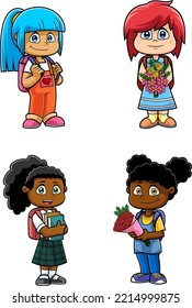 Schule Kinder Cartoon Charaktere. Kollektion mit Vektorgrafik einzeln auf transparentem Hintergrund