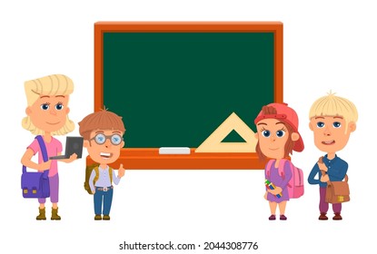 School kids at chalkboard. Happy cute children, student near blackboard. Education background, smart teens with books and laptop decent vector scene