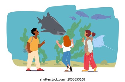 School Kids Characters Stand at Oceanarium Rear View. Children Visiting Aquarium for Watching Underwater Sea and Ocean Animals. Weekend Leisure, Tour on Excursion. Cartoon People Vector Illustration