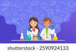 School kids in chemistry lab. Children in science laboratory make test. Cartoon pupils girls and boys in class. Vector illustration. Chemistry school lab experiment, science laboratory for education