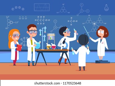 School kids in chemistry lab. Children in science laboratory make test. Cartoon pupils girls and boys in class. Vector illustration. Chemistry school lab experiment, science laboratory for education