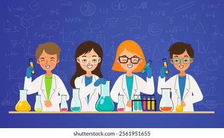 School kids in chemistry lab. Children in science laboratory make test. Cartoon pupils girls and boys in class. Vector illustration. Chemistry school lab experiment, science laboratory for education