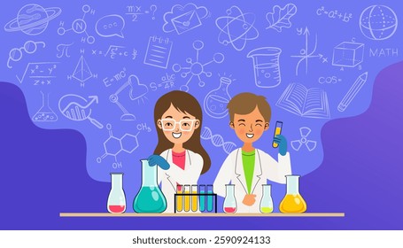 School kids in chemistry lab. Children in science laboratory make test. Cartoon pupils girls and boys in class. Vector illustration. Chemistry school lab experiment, science laboratory for education