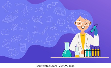 School kids in chemistry lab. Children in science laboratory make test. Cartoon pupils girls and boys in class. Vector illustration. Chemistry school lab experiment, science laboratory for education