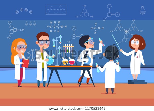 化学研の学生たち 科学研究所の子どもは試験を行う 授業中の女の子や男の子が漫画を描いている ベクターイラスト 化学校実験室教育科学研究所 のベクター画像 素材 ロイヤリティフリー