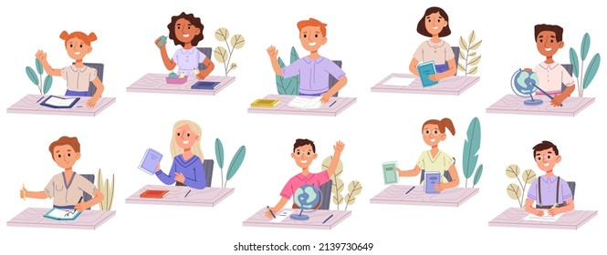School kids at classroom desk, children boys and girls student lesson activity. Pupils writing, drawing and reading vector illustration set. Primary school education process