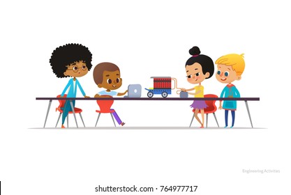 School kids constructing and programming electronic robotic car. Multiracial children sitting at desk and building electronic toy during engineering lesson. Vector illustration for banner, poster.