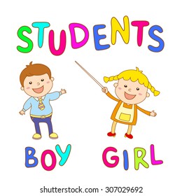 school kids - cute boy and girl art