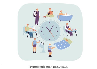 School kids daily schedule according to clock. Boy sleeping, taking bath, having breakfast or dinner, walking to school. Vector illustration for daily routine, everyday life concept