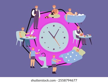 School kids daily schedule according to clock. Boy sleeping, taking bath, having breakfast or dinner, walking to school. Vector illustration for daily routine, everyday life concept