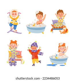 School kids day routine activities set. Cute boys and girls skiing, awakening, bathing and skating cartoon vector illustration