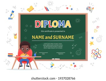 School kids Diploma certificate template with a cute black boy at the table making homework on background with green chalkboard and handdrawn doodle school elements. Vector cartoon flat illustration