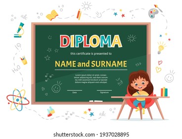 School kids Diploma certificate template with a cute girl at the table making homework on background with green chalkboard and hand-drawn doodle school elements. Vector cartoon flat illustration