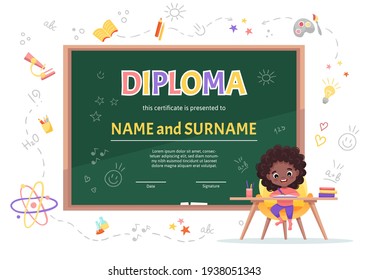 School Kids Diploma Certificate Template With A Cute Black Girl At The Table Making Homework On Background With Green Chalkboard And Hand-drawn Doodle School Elements. Vector Cartoon Flat Illustration