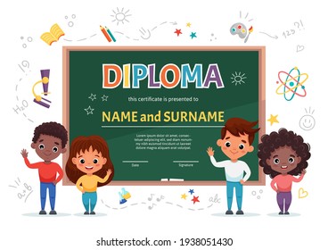 School kids Diploma certificate template with cute happy children of different nationalities on white background with green chalkboard and doodle school elements. Vector cartoon flat illustration