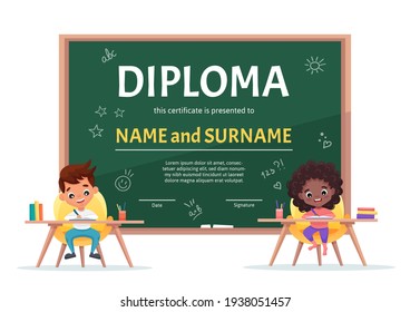 School kids Diploma certificate template with a cute boy and black girl with curly hair at the table making homework on background with green chalkboard. Vector cartoon flat illustration