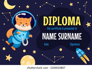 School kids Diploma certificate template with a cute dog astronaut, rocket, moon, stars.  Vector cartoon flat illustration for children in kindergarten and elementary classes