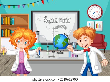 School kids doing chemistry experiment in the classroom illustration