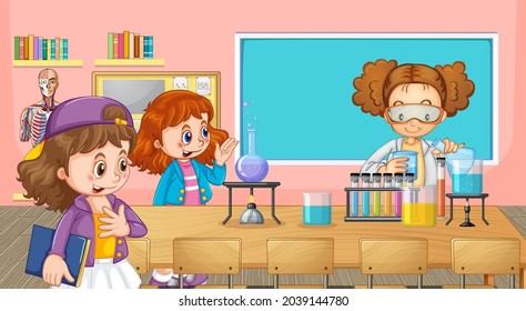 School kids doing chemistry experiment in the classroom illustration