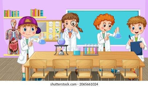 School kids doing chemistry experiment in the classroom illustration