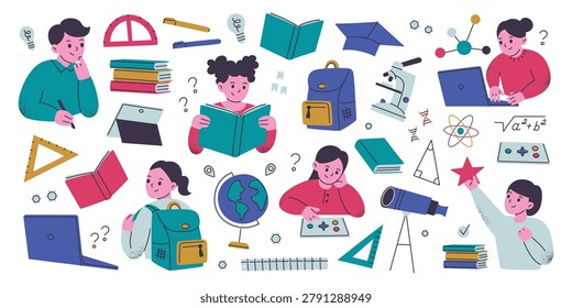 School kids education set, flat cartoon children characters thinking, reading books, wearing backpack. Globe, telescope, microscope, graduation cap, math formulas. Back to school vector illustration
