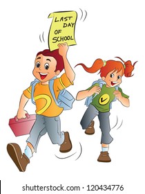 School Kids Excited About the Last Day of School, vector illustration