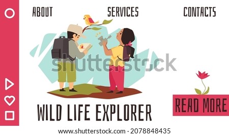 School kids explore wild life, cartoon boy, girl on nature expedition in flat vector illustration isolated. Horizontal banner template with children looking at bird on branch taking pictures of it