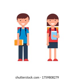 School kids in flat design. Boy and girl on white background.
