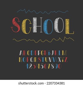 School Kids Font. Chalk English Letters And Numbers From 0 To 9. Kindergarten Alphabet.	