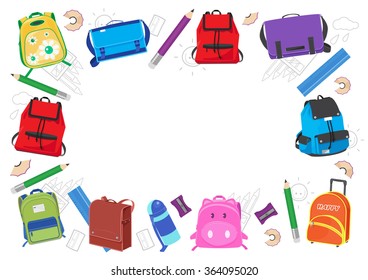 school kids frame vector illustration ,back to school.school bags on white background 
