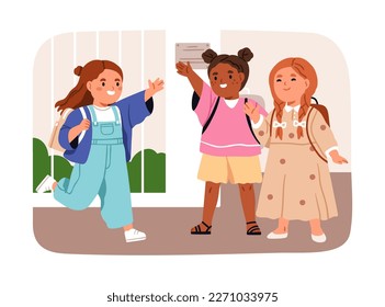 School kids friends. Cute happy girls children mates meeting, greeting with hi gesture. Little elementary schoolkids, classmates smiling, pupils waving with hands. Flat graphic vector illustration