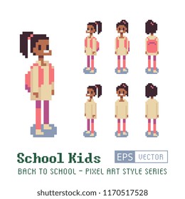 School kids, girl with a backpack. Looping sequence. Happy student pixel art character. Isolated vector illustration.  8-bit. Design for stickers, app, game developers and motion graphics.