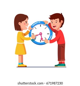 School kids girl & boy moving and adjusting clock hands or clockwise learning to read time. Students children experimenting with wall watch. Flat style vector illustration isolated on white background