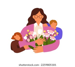 School kids giving flowers gift for Teacher day. Children students hugging tutor, educator with love, gratitude, celebrating holiday. Flat graphic vector illustration isolated on white background