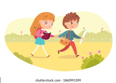School kids going to study in autumn. Happy boy and girl walking in park. Learning and primary education vector illustration. Cute schoolchildren in September with bags and books.
