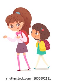 School kids going to study. Happy girls or sisters walking and talking. Learning and primary education vector illustration. Cute schoolchildren with backpacks.