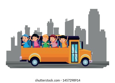 School kids greeting from bus sideview over cityscape buildings background ,vector illustration graphic design.