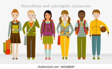 School kids group. Boys and girls. Vector illustration.