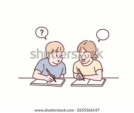 School Kids Helping Each Other Learn in Classroom. Hand drawn style vector design illustrations.