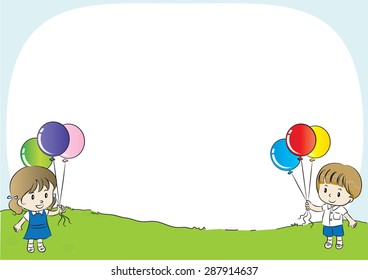 school kids holding balloons with background