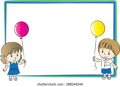 school kids holding balloons with blank border