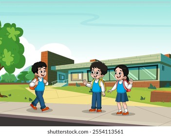 School Kids Illustration, School Kids Happy, Kids in Uniform, friends say hi illustration  