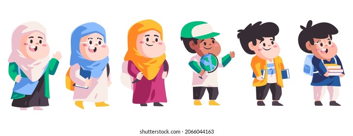 school kids islam student with colorful fashion holding globe and books on their hand set collection kids children character modern flat color isolated background vector illustration