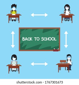 school kids keeping distance, students wearing a face mask sitting on chair in the classroom, social distancing vector illustration design