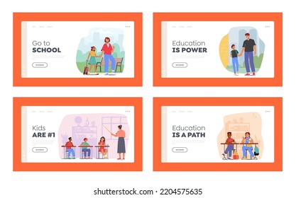 School Kids Landing Page Template Set. Students on Lesson, Children with Teacher in Classroom. Boys and Girls Sit at Desk in Class. Parents with Kids go to School. Cartoon People Vector Illustration