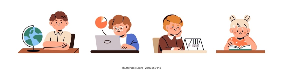 School kids learning and studying subjects. Elementary students education, sitting at desks with book, laptop and globe. Children pupils set. Flat vector illustration isolated on white background